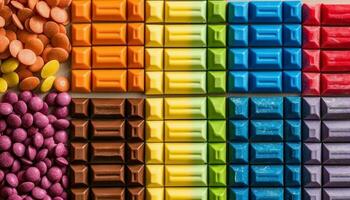 une proche en haut de multi coloré pilules, une médicament bonbons variation généré par ai photo