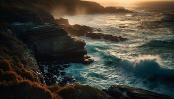 à crépuscule, majestueux falaises érodé par rupture vagues admiration touristes généré par ai photo