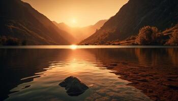 majestueux Montagne intervalle reflète tranquille le coucher du soleil plus de serein des eaux bord généré par ai photo