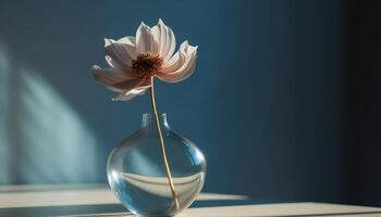 une Célibataire Jaune Marguerite dans une verre vase, une été décoration généré par ai photo