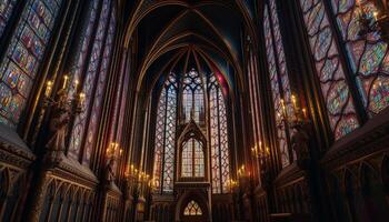 à l'intérieur eau de Cologne cathédrale, gothique architecture et coloré verre éclairer spiritualité généré par ai photo