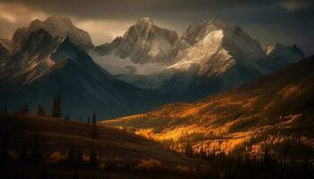 majestueux Montagne gamme, tranquille prairie, et le coucher du soleil beauté dans la nature généré par ai photo