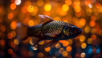 vibrant poisson rouge queue illumine foncé sous-marin étang dans scaphandre autonome plongée généré par ai photo