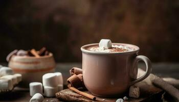 chaud Chocolat et biscuits sur rustique tableau, une hiver traiter généré par ai photo