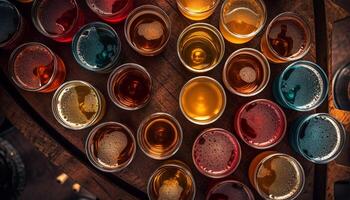 une collection de artisanat Bière bouteilles sur une en bois table généré par ai photo