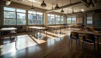 moderne salle de cours avec en bois bureaux et chaises, vide de gens généré par ai photo