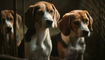 mignonne beagle chiot séance en plein air, à la recherche à caméra ludique généré par ai photo