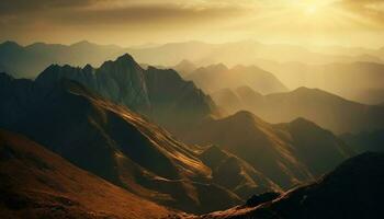 majestueux Montagne de pointe à aube, une tranquille retour allumé paysage généré par ai photo