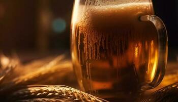 une mousseux pinte de foncé or Bière sur en bois table généré par ai photo