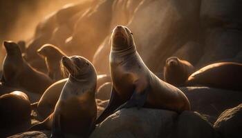 une groupe de mignonne fourrure scellés repos sur le rochers généré par ai photo