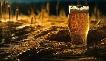 une mousseux pinte de froid, rafraîchissant Bière dans une rustique Brasserie généré par ai photo