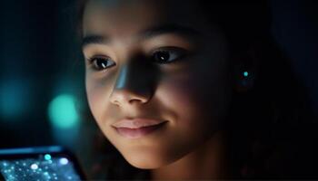 mignonne enfant souriant, illuminé par bleu lumière, profiter La technologie à l'intérieur généré par ai photo