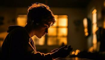 un Jeune adulte homme, écouteurs sur, profiter sans fil La technologie à l'intérieur généré par ai photo
