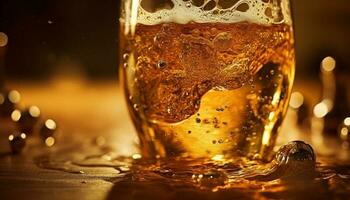 une d'or laissez tomber de whisky éclaboussures dans une mousseux Bière généré par ai photo