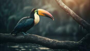 une multi coloré toucan se percher sur une branche dans le forêt généré par ai photo