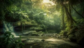 le beauté de bali tropical climat paume des arbres, fougères, et lumière du soleil généré par ai photo