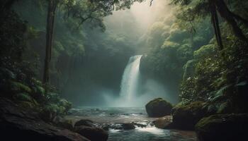 tranquille scène de une cascade dans une tropical forêt tropicale aventure généré par ai photo