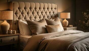 moderne luxe Hôtel suite avec confortable literie et élégant décor généré par ai photo