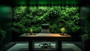 moderne Bureau avec élégant bois conception, illuminé par électrique lampe généré par ai photo