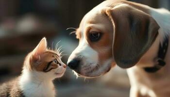 charmant beagle et affectueux chaton jouer ensemble en plein air dans la nature généré par ai photo