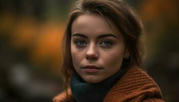 une Jeune femme beauté brille dans l'automne nature, souriant vivement généré par ai photo