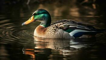 tranquille scène colvert canard charlatan par le étang dans l'automne généré par ai photo