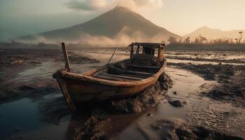 le abandonné pêche bateau reflète le tranquille le coucher du soleil plus de montagnes généré par ai photo