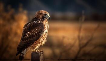 majestueux faucon se percher sur bifurquer, serres et le bec dans concentrer généré par ai photo