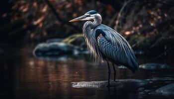 le gris héron des stands sur une bifurquer, pêche à nuit généré par ai photo