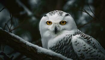 neigeux hibou se percher sur bifurquer, regarder à caméra avec concentrer généré par ai photo