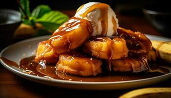 une fait maison dessert assiette avec sucré Chocolat et caramel sauce généré par ai photo