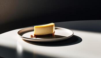 une décadent tranche de gourmet cheesecake avec Chocolat et crème généré par ai photo