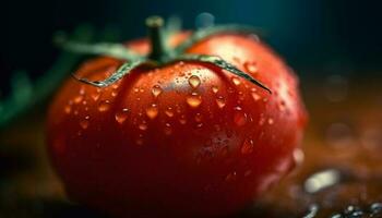 Frais biologique tomate salade avec rosée gouttes sur vert feuilles généré par ai photo