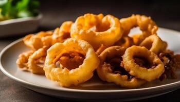 Profond frit calamars et oignon anneaux, une gourmet Fruit de mer apéritif généré par ai photo