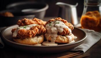 grillé porc avec fait maison sauce, servi sur rustique en bois assiette généré par ai photo