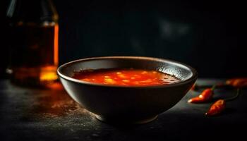 une sarriette soupe avec Frais des légumes et épicé le Chili poivre généré par ai photo