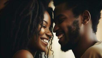 africain et caucasien couple embrasse en plein air, souriant avec à pleines dents joie généré par ai photo