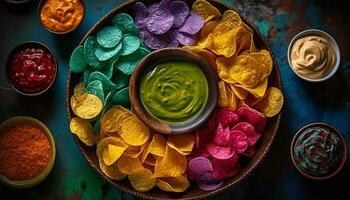 une gourmet apéritif de guacamole tremper avec croquant tortilla frites généré par ai photo