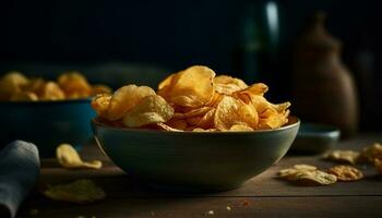 croquant gourmet apéritif frit tortilla puce avec épicé guacamole tremper généré par ai photo