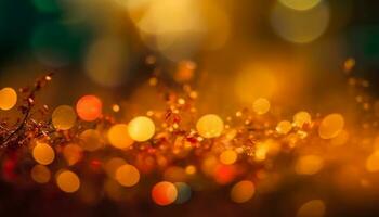 d'or Noël arbre brille doucement dans défocalisé hiver toile de fond généré par ai photo
