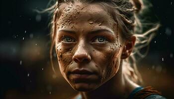 magnifique Jeune femme jouit été pluie, souriant à caméra en plein air généré par ai photo