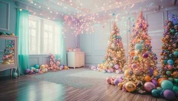 une joyeux famille fête avec brillant, multi coloré Noël décorations à l'intérieur généré par ai photo