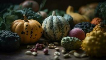 l'automne récolte une rustique table de fleuri gourdes et écraser généré par ai photo