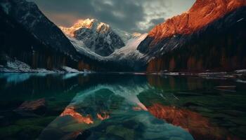 le majestueux Montagne intervalle reflète dans tranquille des eaux à crépuscule généré par ai photo