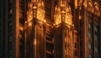 le gothique cathédrale illuminé les fenêtres éclat brillant dans le nuit généré par ai photo