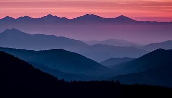 le majestueux Montagne intervalle silhouette contre le tranquille le coucher du soleil ciel généré par ai photo