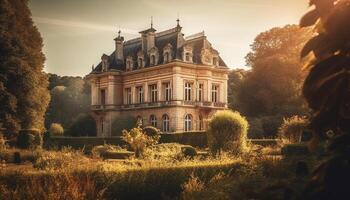 le coucher du soleil illumine ancien chapelle dans tranquille rural scène généré par ai photo