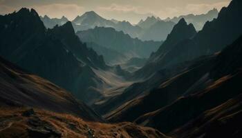 majestueux Montagne gamme, tranquille prairie, l'automne crépuscule généré par ai photo