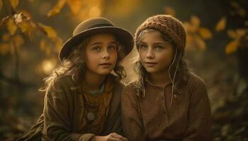 deux les filles souriant, profiter l'automne la nature ensemble généré par ai photo