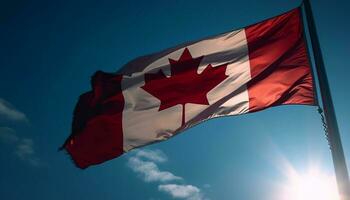 agitant canadien drapeau dans brillant lumière du soleil en plein air généré par ai photo